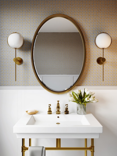 Interieur van een moderne badkamer met een mozaïek op de muur. 3D-weergave