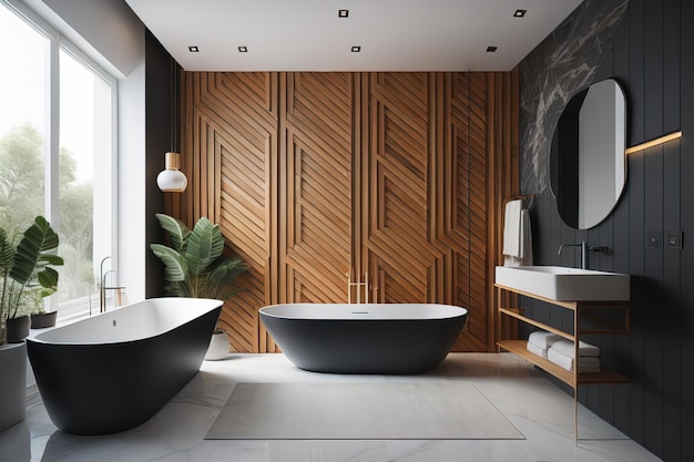 Interieur van een moderne badkamer met grijze en houten muren, betonnen vloer, comfortabele witte badkuip in de buurt van een ronde gootsteen en een ronde spiegel.