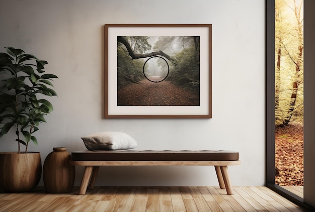 Interieur van een moderne kamer met een houten bank en een foto aan de muur