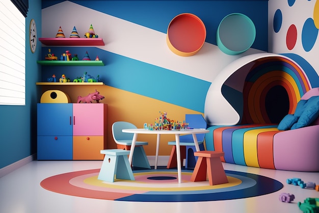 Interieur van een moderne kinderkamer met stijlvol meubilair en speelgoed Kinderen speelkamer kinderen slaapkamer Kinderen hut speel tent en speelgoed