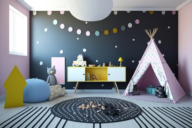 Interieur van een moderne kinderkamer met stijlvol meubilair en speelgoed Kinders speelkamer kinderen slaapkamer Ch