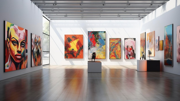Interieur van een moderne kunstgalerij met levendige abstracte schilderijen op witte muren