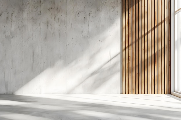 Interieur van een moderne lege kamer met witte muren, houten vloer en raam met zonlicht 3D-weergave
