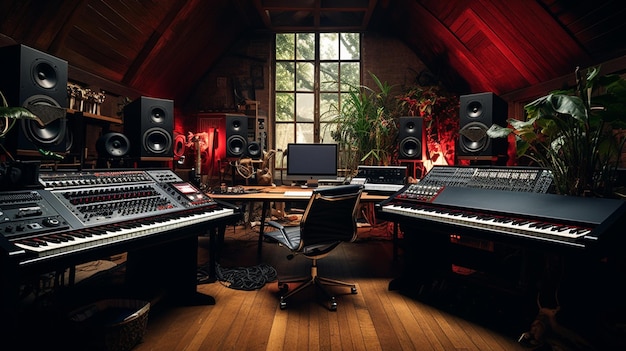 Interieur van een moderne muziekstudio met geluidsmixingconsole, mengapparatuur, professionele apparatuur