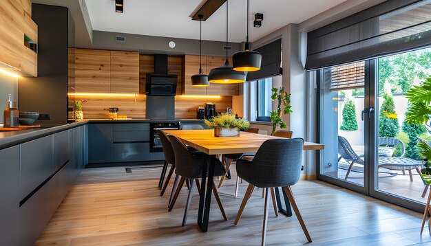 Interieur van een moderne open keuken met eettafel en gloeiende lampen
