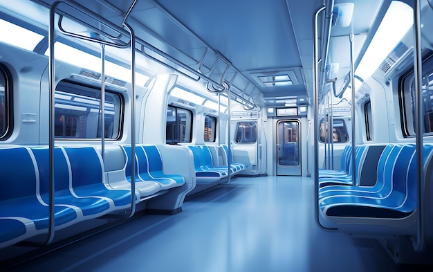 Interieur van een moderne trein met blauwe stoelen