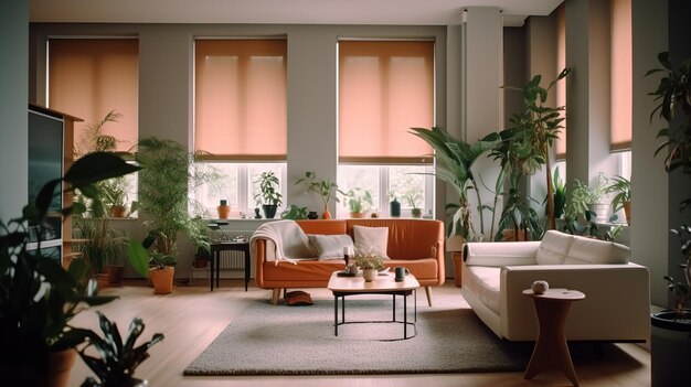Interieur van een moderne woonkamer met witte muren, houten vloer, oranje bank en koffietafel