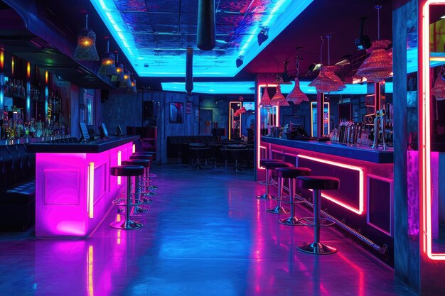 Foto interieur van een nachtclub met neonverlichting met een levendige sfeer vibrerende nachtclubinterieur versierd met neonlichten die een levendig sfeer creëren