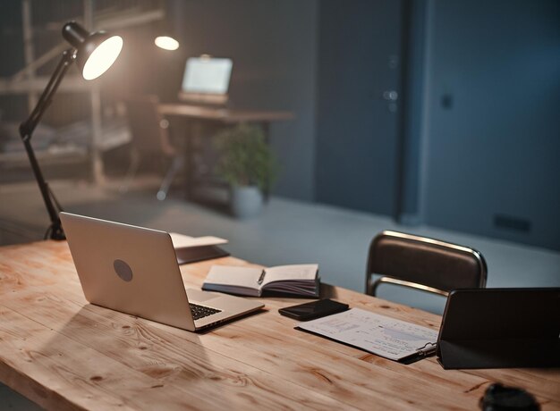 Interieur van een nachtkantoor met een bureau en een opengeklapte laptop