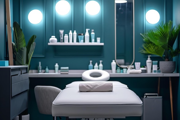 Foto interieur van een nieuwe schoonheidssalon met een spa-massagetafel en een set huidverzorgingsproducten klaar voor gebruik
