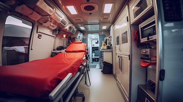 Foto interieur van een noodvoertuig moderne ongeluk ambulance mock-up met niemand