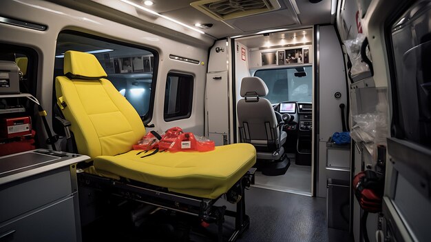 Foto interieur van een noodvoertuig moderne ongeluk ambulance mock-up met niemand