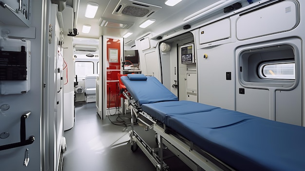 Foto interieur van een noodvoertuig moderne ongeluk ambulance mock-up met niemand