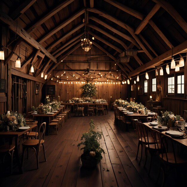 Interieur van een restaurant met houten plafondtafels en stoelen