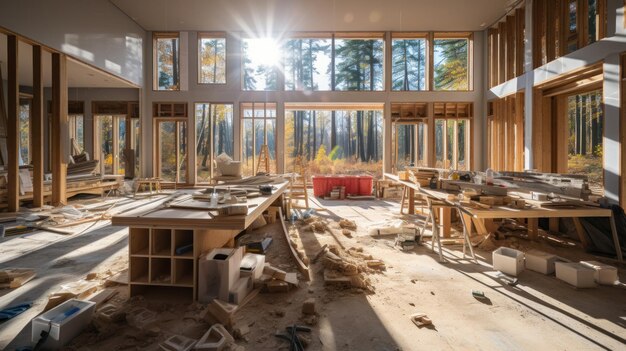 Foto interieur van een ruim gebouw bouw van een raamhuis in aanbouw