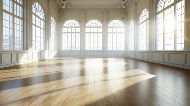 Interieur van een ruime lege oude kamer met gelamineerde vloer met ramen Generatieve AI