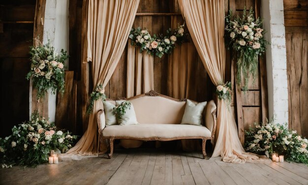 Interieur van een rustieke kamer met een beige bank en gordijnen