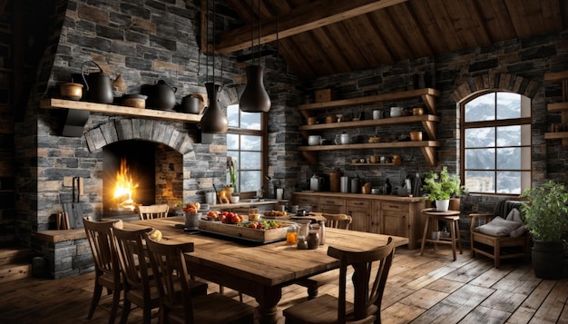 Interieur van een rustieke keuken in landelijke stijl 3D-weergave