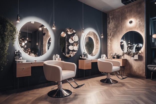 Interieur van een salon met een spiegel en een stoel met een spiegel aan de muur.