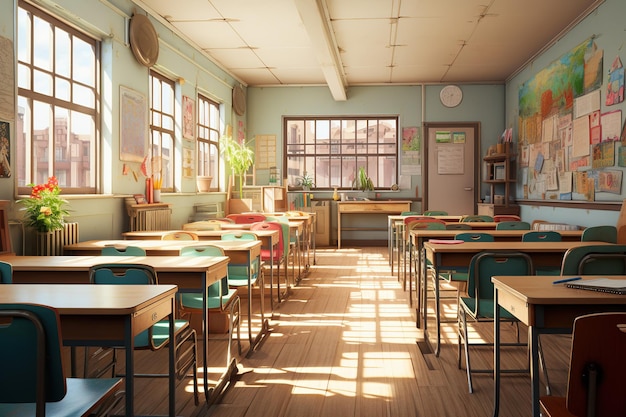 Interieur van een schoolklas 3D-render Vintage stijl Ai Gegenereerd