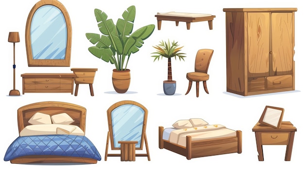 Interieur van een slaapkamer met een bed een spiegel houten meubels en een plant moderne cartoon illustratie van een slaapkamerkamer met een bed met een kussen en deken stoel kast en nachtkastje modern huis