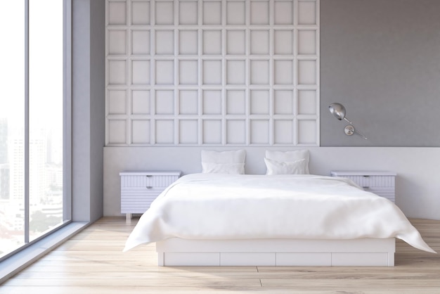 Interieur van een slaapkamer met grijs en wit houten wandelement, een tweepersoonsbed en twee nachtkastjes. 3D-weergave.