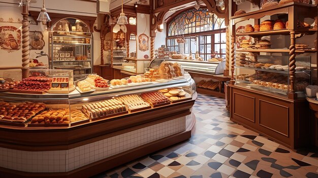 Interieur van een Spaanse bakkerij met een vitrine vol gebak, brood en baguette in een rustiek ontwerp