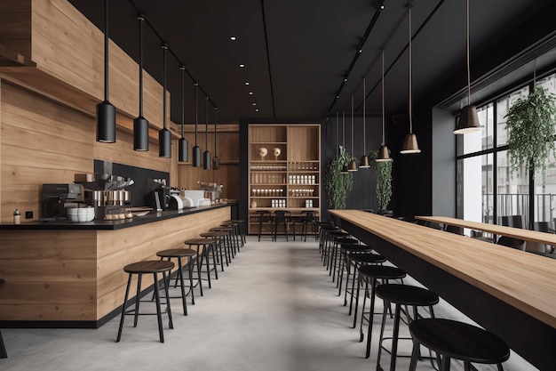 Interieur van een stijlvol restaurantcafé met houten tafels met stoelen, een bar en moderne lampen