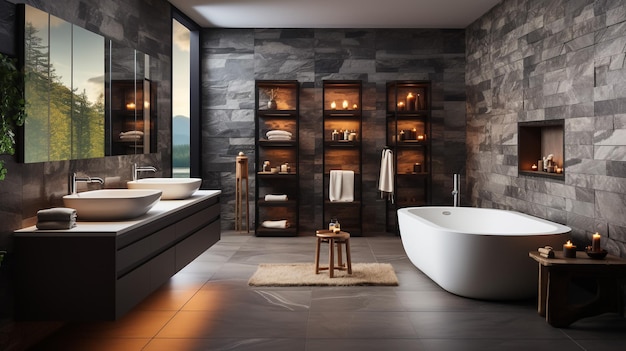 Foto interieur van een stijlvolle badkamer met grijze en donkere houten muren houten vloer comfortabel bad in de buurt van het raam met wazig uitzicht op de bergen en dubbele gootsteen met ronde spiegels 3d rendering