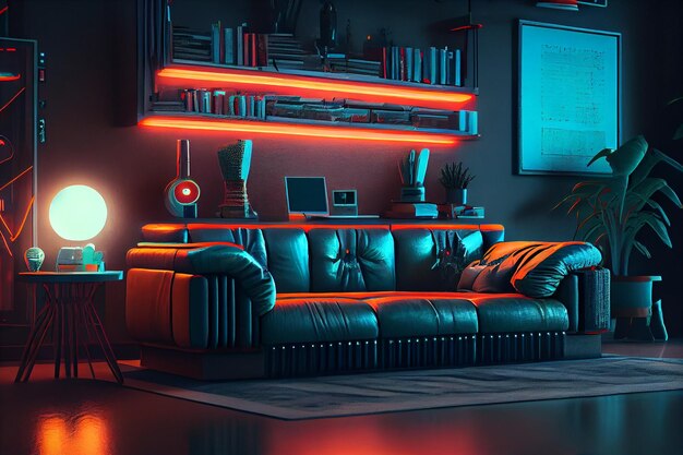 Interieur van een stijlvolle woonkamer met neonverlichting