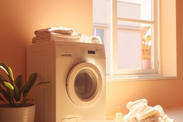 Interieur van een wasruimte met een moderne wasmachine Generatieve AI