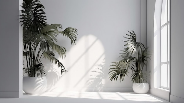 Interieur van een witte kamer met zonlicht en tropische planten