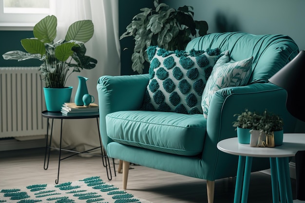 Interieur van een woonkamer met een bank en een gezellige stoel Mint decoraties