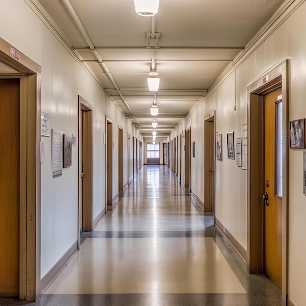 Interieur van een ziekenhuisgang met witte muren en houten deuren