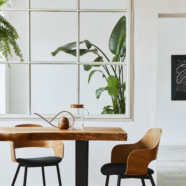 Interieur van eetkamer met stijlvolle ambachtelijke houten familietafel, stoelen, veel planten, raam, posterkaart en elegante accessoires in modern interieur. Sjabloon.