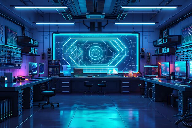 Interieur van Futuristic Lab met Zooming Hologram Blueprint Effect en Zi VR Concept Idea Neon Glow