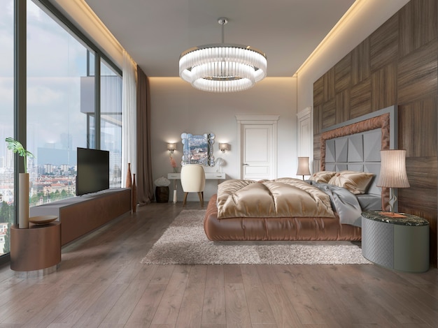 Interieur van gezellige slaapkamer in modern design met fauteuil, staande lamp, tv-meubel intrekbare tv en kaptafel. 3D-rendering
