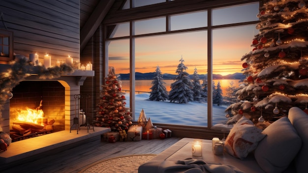 Interieur van gezellige woonkamer in rustiek chalet met kerstdecor Blazende open haard slingers en brandende kaarsen elegante kerstboom panoramische ramen met prachtig uitzicht op bos en bergen