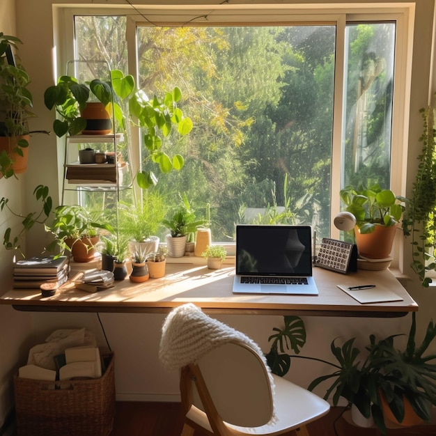 Interieur van gezellige woonkamer met houten tafel, laptop en planten