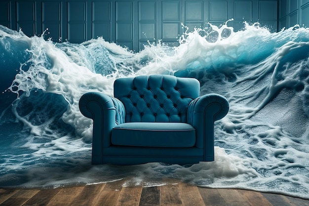 Interieur van het huis overspoeld met water Water overspoelt de kamer met de fauteuil Geestelijke gezondheid concept veilige plek Paniekaanval denken over problemen psychologie innerlijke wereld gevoelens surrealistisch