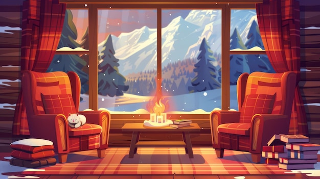 Interieur van houten chalet met open haard vintage fauteuils naast het vuur boek op tafel uitzicht op de winter berg en dennenbos uit het raam Moderne cartoon illustratie van een slapende kat in