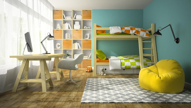 Interieur van kinderkamer met stapelbed 3D-rendering