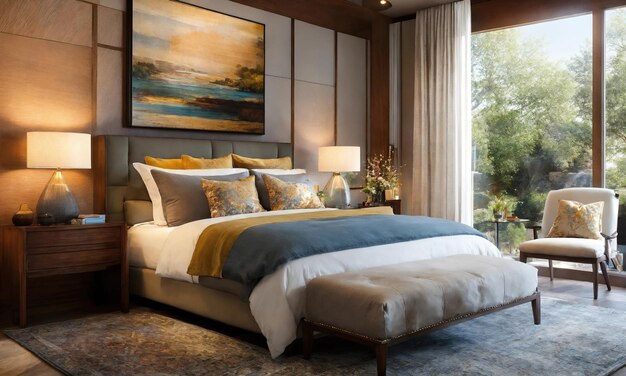 Foto interieur van klassieke slaapkamer comfortabel king size bed ai generatief