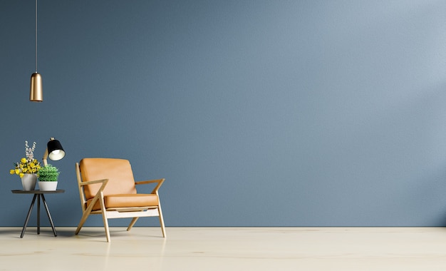 Interieur van lichte kamer met lederen fauteuil op lege donkerblauwe muur en houten vloer, 3D-rendering