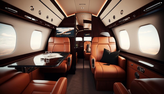 Interieur van luxe privéjet met leren stoelen Illustratie AI GenerativexA