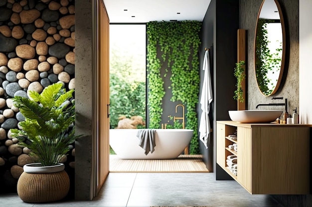 Interieur van milieuvriendelijke badkamer met grijze vloeren en natuurlijke elementen