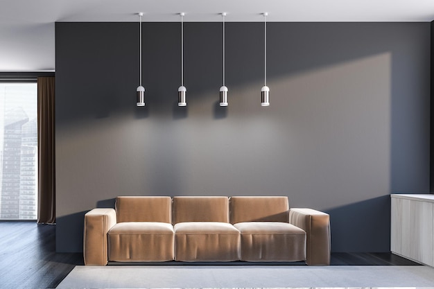 Interieur van minimalistische woonkamer met grijze muren, zwarte houten vloer met tapijt, beige bank en houten kast. 3D-weergave