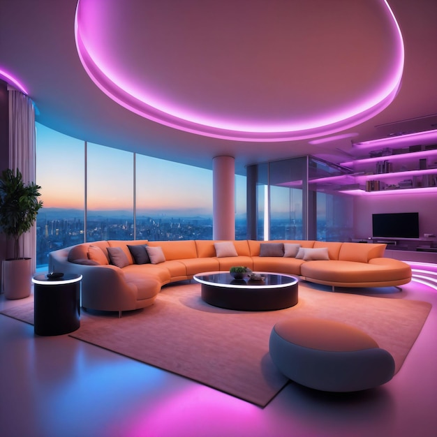 interieur van modern futuristisch sci fi woonkamerappartement met neonlicht generatieve AI