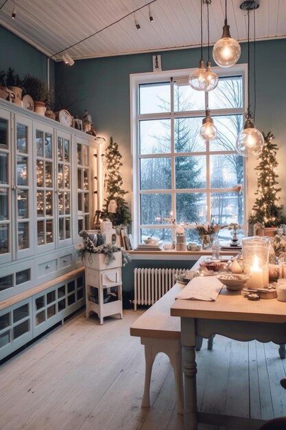 Interieur van moderne keuken versierd voor Kerstmis AI gegenereerd