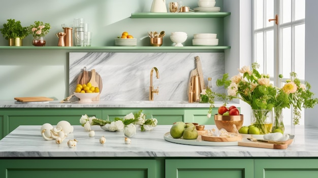 Interieur van moderne klassieke groene keuken Marmeren aanrecht en backsplash bloemen in een vaas vers fruit divers serviesgoed op de open planken Hedendaags huisontwerp 3D-rendering